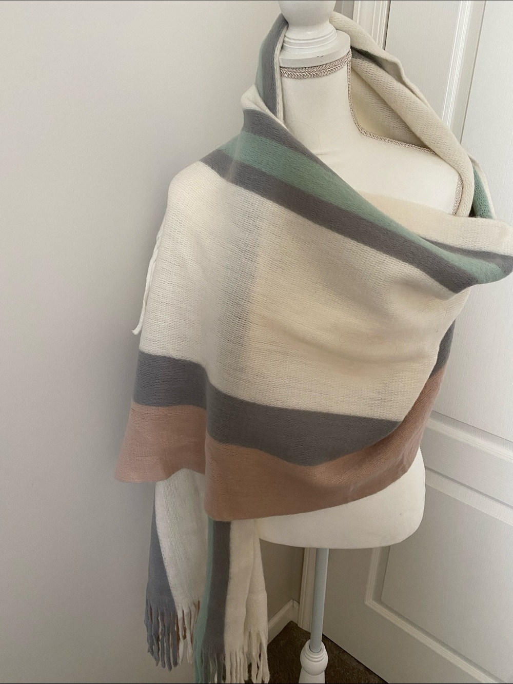 Steve Madden Cream, Mint & Taupe Striped Fringe Scarf